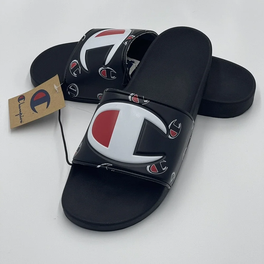 Champion IPO Repeat C Mens Black White Red Logo Slide Sandals CP101605M‎ Size 12